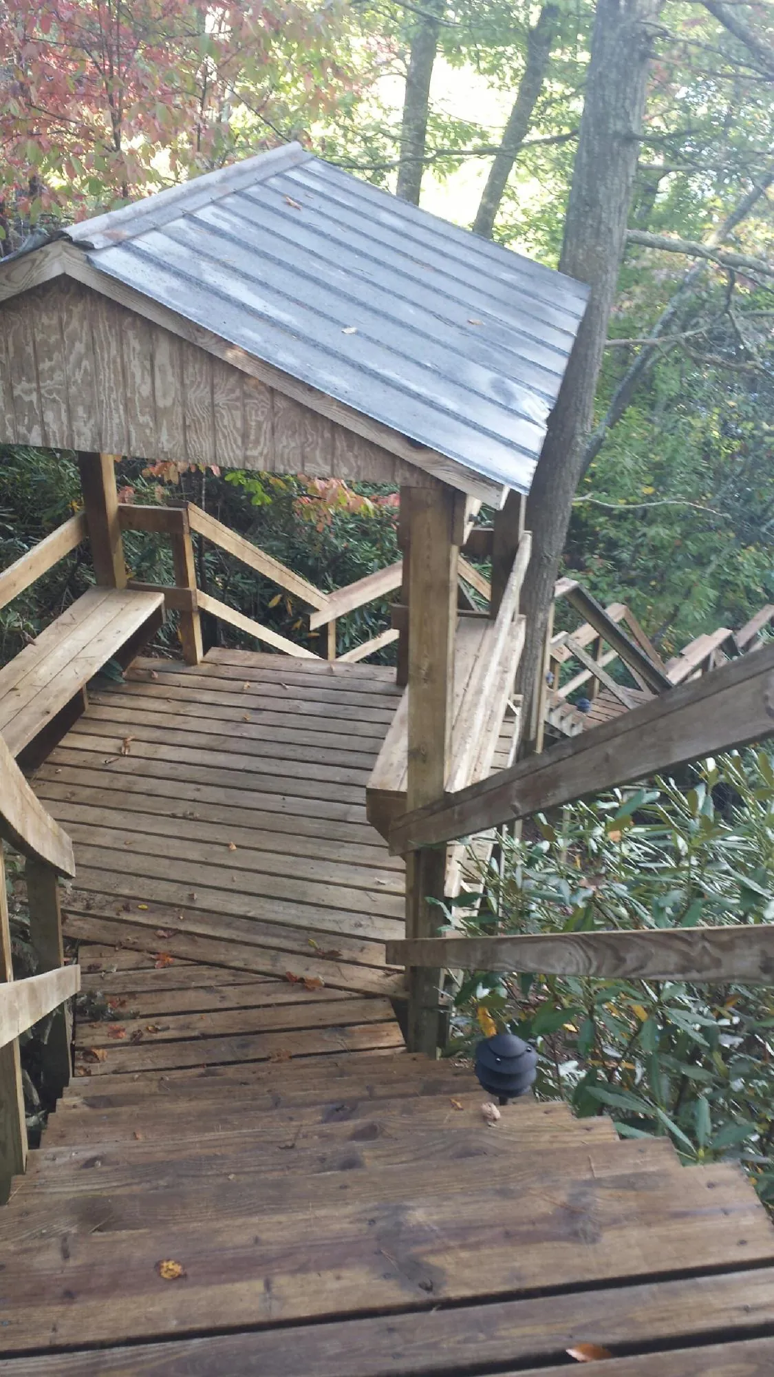 Metal roofed shelter over wooden steps on a wooded walkway — Skylight Repair & Installation work by our crew in Carbon